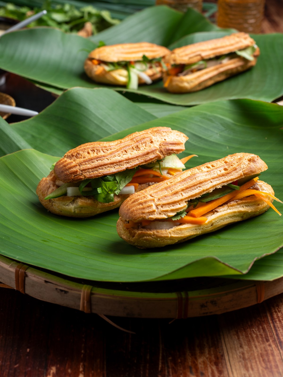Bánh mì éclairs on a banana leaf